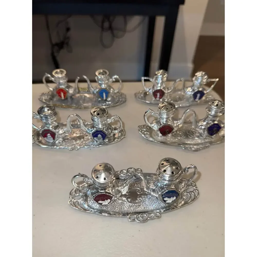 Vintage Silver-Toned Souvenir Teapot Salt and Pepper Shaker Sets - Lot of 5